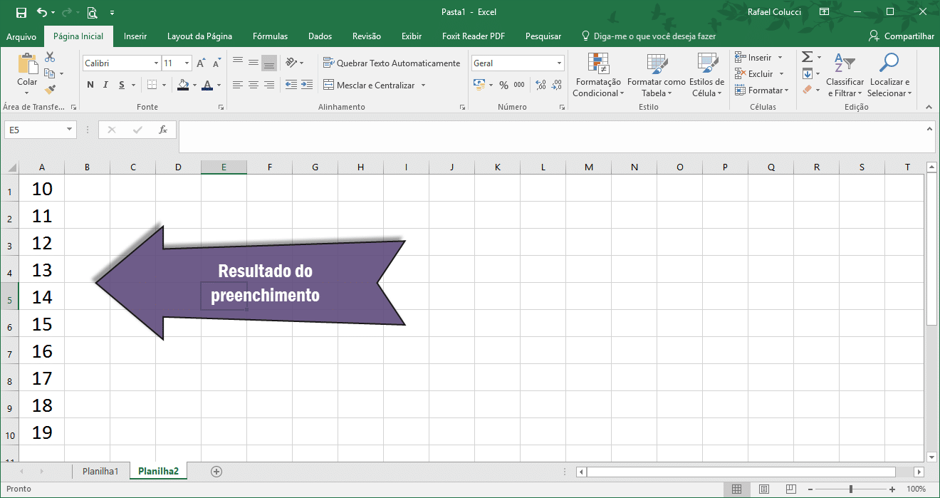 Resultado do autopreenchimento no Excel 2016 utilizando a ferramenta Preencher.